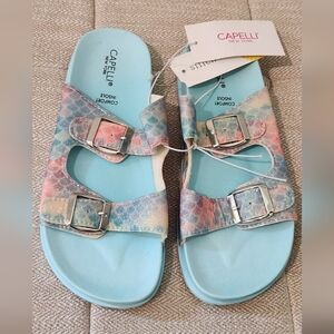 Capelli New York Girls Blue Mermaid Scales Cady Slide Sandals Youth 3-4 NEW